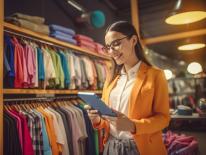Commerçante de l'habillement avec tablette en mains